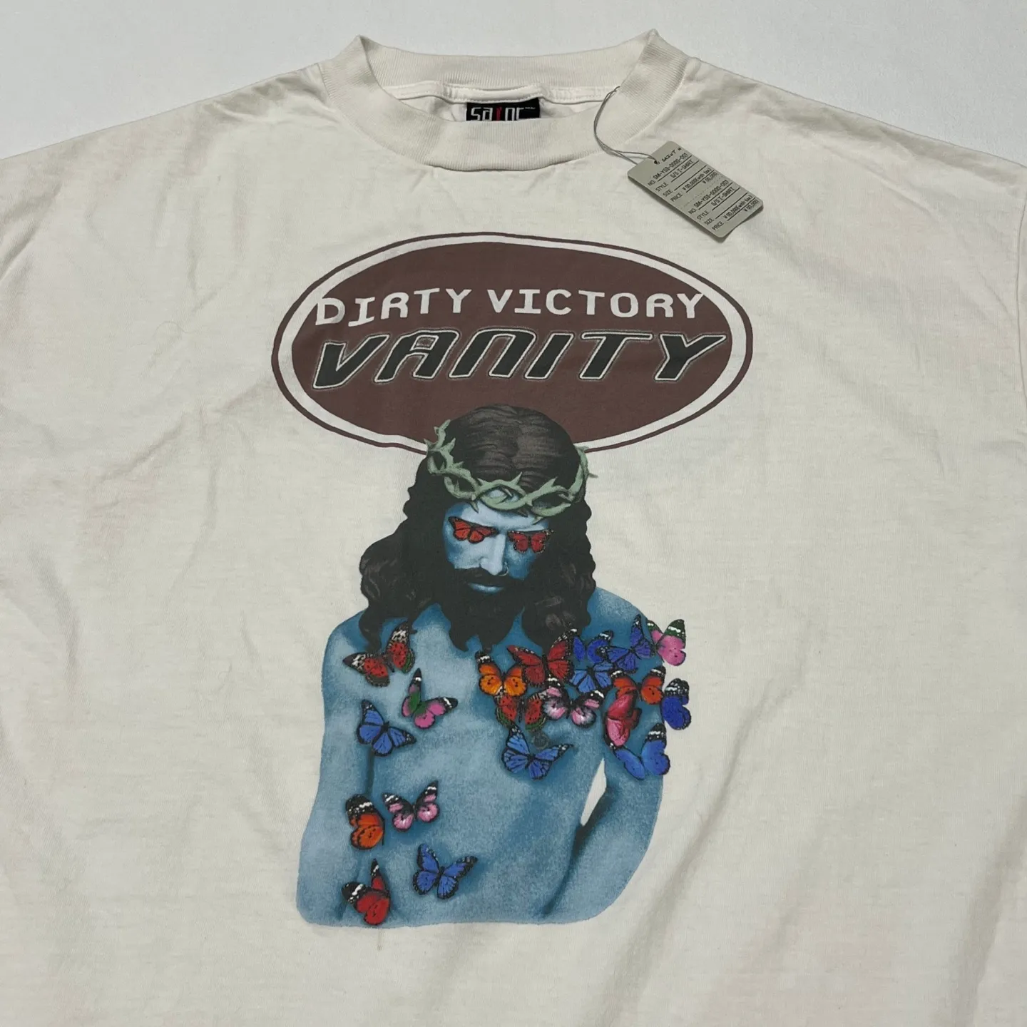 SAINT Mxxxxxx VANITY SS TEE/WHT Jesus Butterfly Print Short Sleeve Off-White S-XL Cylindrical No Side Seam Fabric 220g High Weight OE Yarn ⚠️Note: It is almost meaningless if it is not a cylindrical fabric Customized main mark/wash mark/little angel anti-counterfeiting label Original-level printing factory Top purchasing level